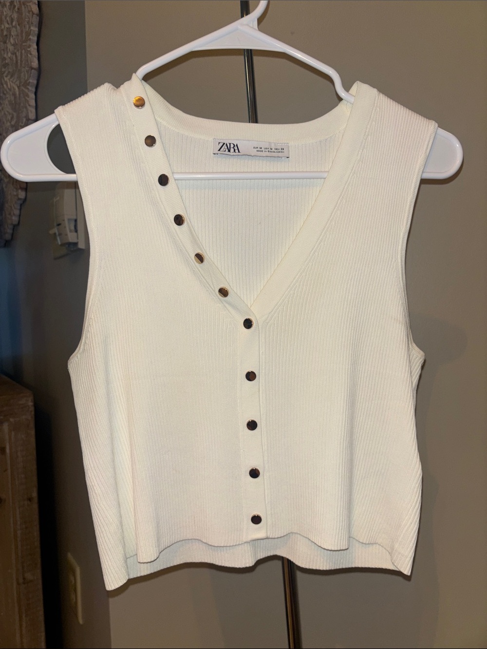 Zara Ivory Ribbed V-Neck Tank Button Up Cardigan Crop Top Medium